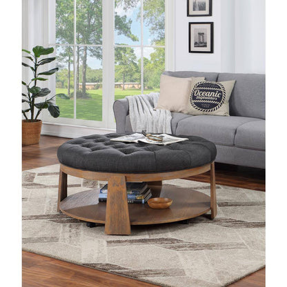 Otomana de 1 pieza con acabado cepillado de alambre, tono natural/gris oscuro, estilo transicional, botones profundos, asiento capitoné tipo lino, estante inferior abierto, sala de estar