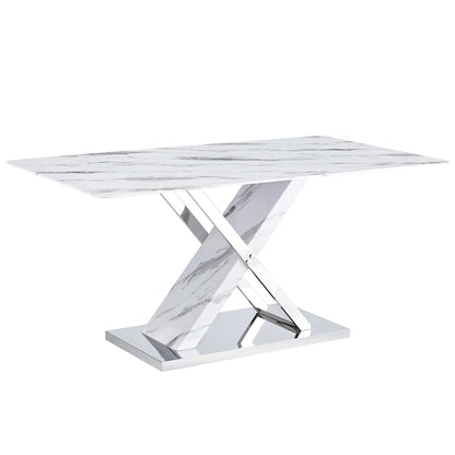 Table and chair set, modern dining table, imitation marble white top and silver legs, soft and comfortable dining chair, perfect for dinner, meetings, home and office decor