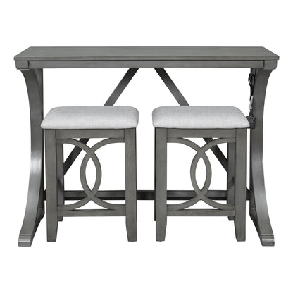 TOPMAX Farmhouse 3-Piece Counter Height Dining Table Set with USB Port and Upholstered Stools,Gray