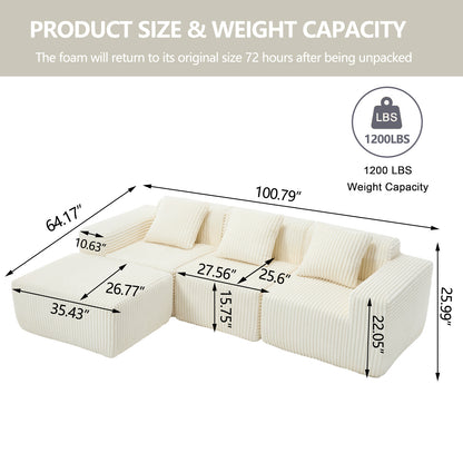 Modern Minimalist Modular Sectional Sofa,  L-Shape Upholstered Cloud Couch with Deep Seats, Right Facing Chaise for Living Room-White
