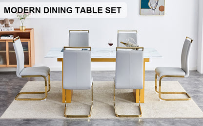 Table and chair set.Large modern rectangular table with 0.4 inch patterned glass tabletop and large MDF table legs.Comes with 6 chairs with faux leather cushioned seats and golden metal legs.