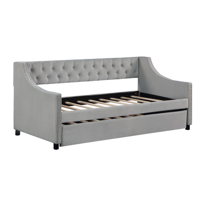 Daybed with Trundle Upholstered Tufted Sofa Bed, with Button and Copper Nail on Arms,full Size Grey.