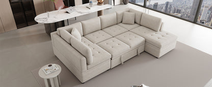 Sofá seccional extragrande de 117.3" en forma de U, sofá cama extraíble con dos cojines para sala de estar, color beige