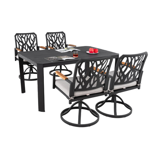 5PCs Outdoor Patio Aluminum Furniture Set, Modern Dining Set with 4 Swivel Rockers Sunbrella Fabric Cushioned, Nature-Inspired Branch-Like Backrest, Rectangular Table with Umbrella Hole, Bourbon Brown