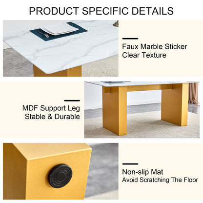 Table and chair set.Large modern rectangular table with 0.4 inch patterned glass tabletop and large MDF table legs.Comes with 6 chairs with faux leather cushioned seats and golden metal legs.