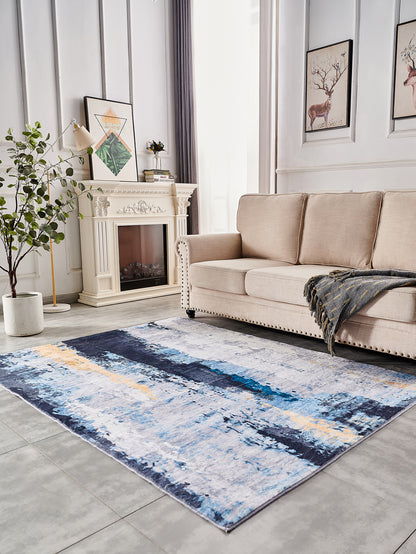 Alfombra de área súper suave lavable a máquina de la colección ZARA con diseño abstracto en gris, azul y amarillo (1,52 m x 0,91 m)