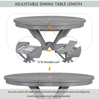TREXM 5-Piece Retro Functional Dining Table Set Extendable Round Table and 4 Upholstered Chairs for Dining Room and Living Room (Grey)