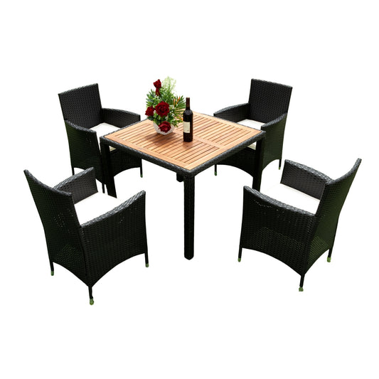 EELIFEE 5 piece Outdoor Patio Wicker Dining Set Patio Wicker Furniture Dining Set w/Acacia Wood Top Black Wicker + Creme Cushion