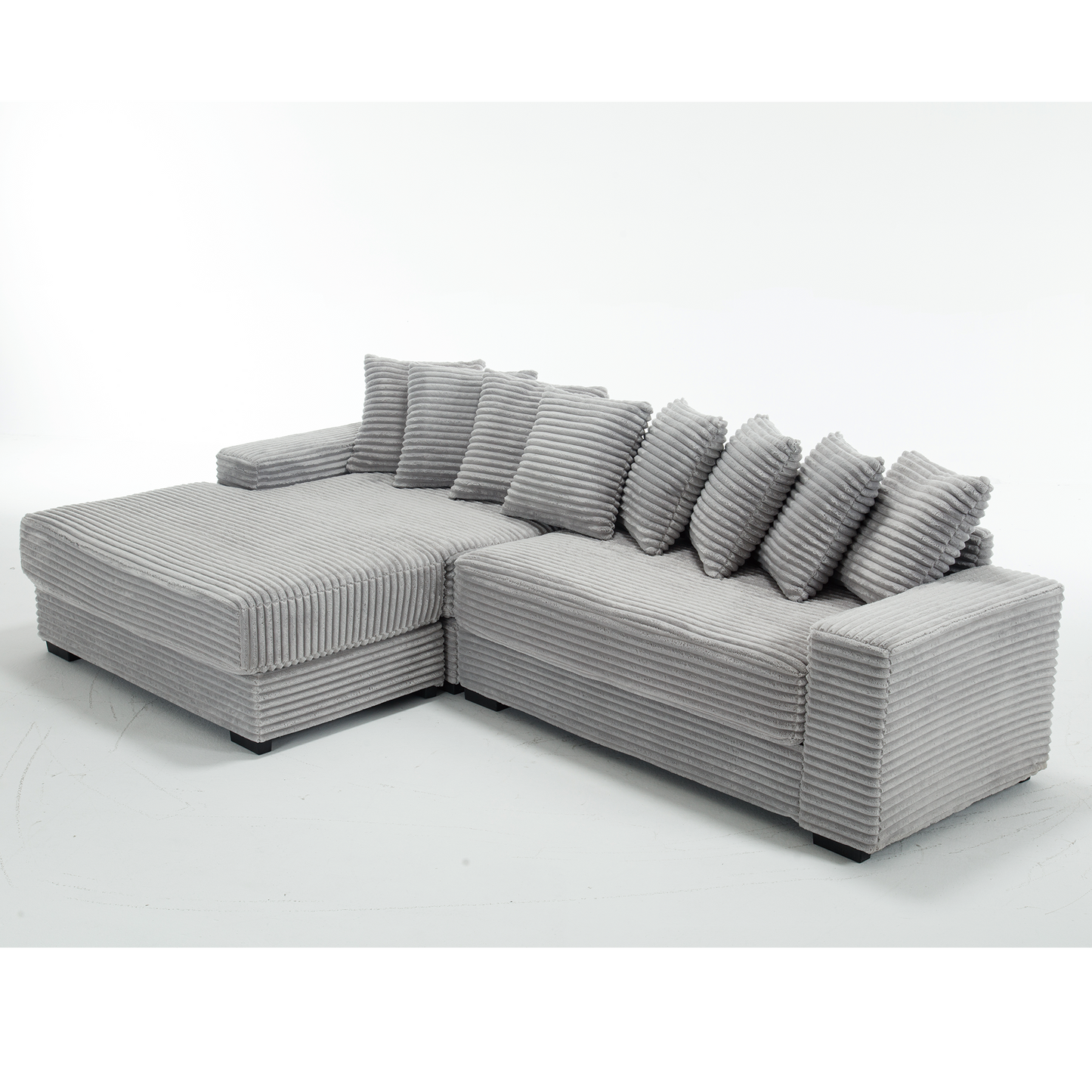 Oversized Two-Piece  Couches,  L Shaped Sofa, Corduroy, Left Chaise Daybed,with Armrests,Eight Throw Pillows,Corner Sofa,Easy To Assemble,  Gray