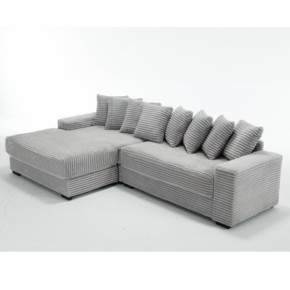 Oversized Two-Piece  Couches,  L Shaped Sofa, Corduroy, Left Chaise Daybed,with Armrests,Eight Throw Pillows,Corner Sofa,Easy To Assemble,  Gray