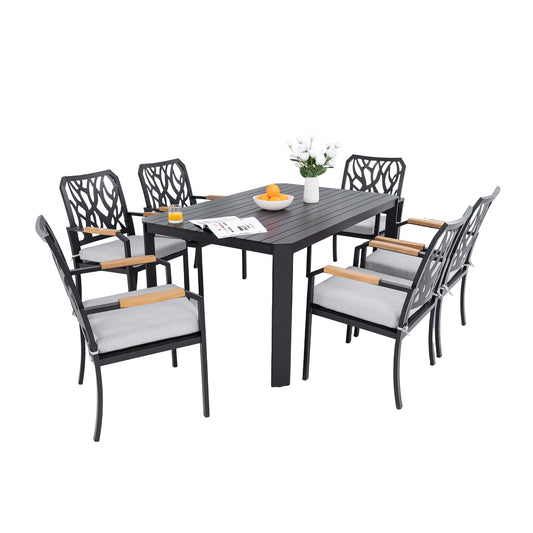 7-PC Outdoor Patio Aluminum Furniture Set, Modern Dining Set with 6 Dining Chairs Sunbrella Fabric Cushioned, Nature-Inspired Branch-Like Backrest, Rectangular Table with Umbrella Hole, Bourbon Brown