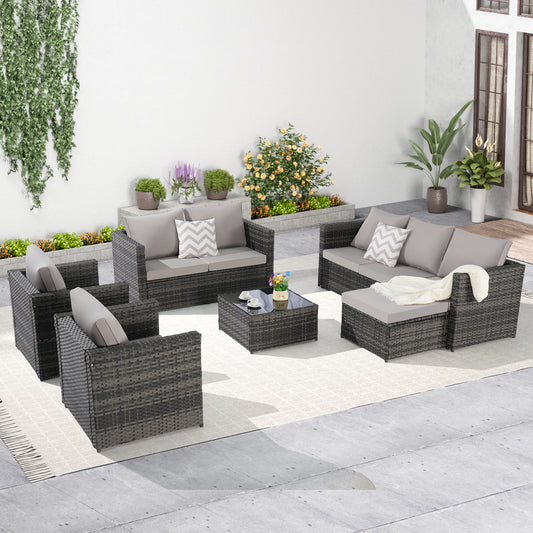 6 Piece Patio Furniture Set,Outdoor Wicker Rattan Sofa Conversation Set All Weather Patio Sectional Sofa Set with Glass Table, Cushions and Pillows for Garden, Backyard