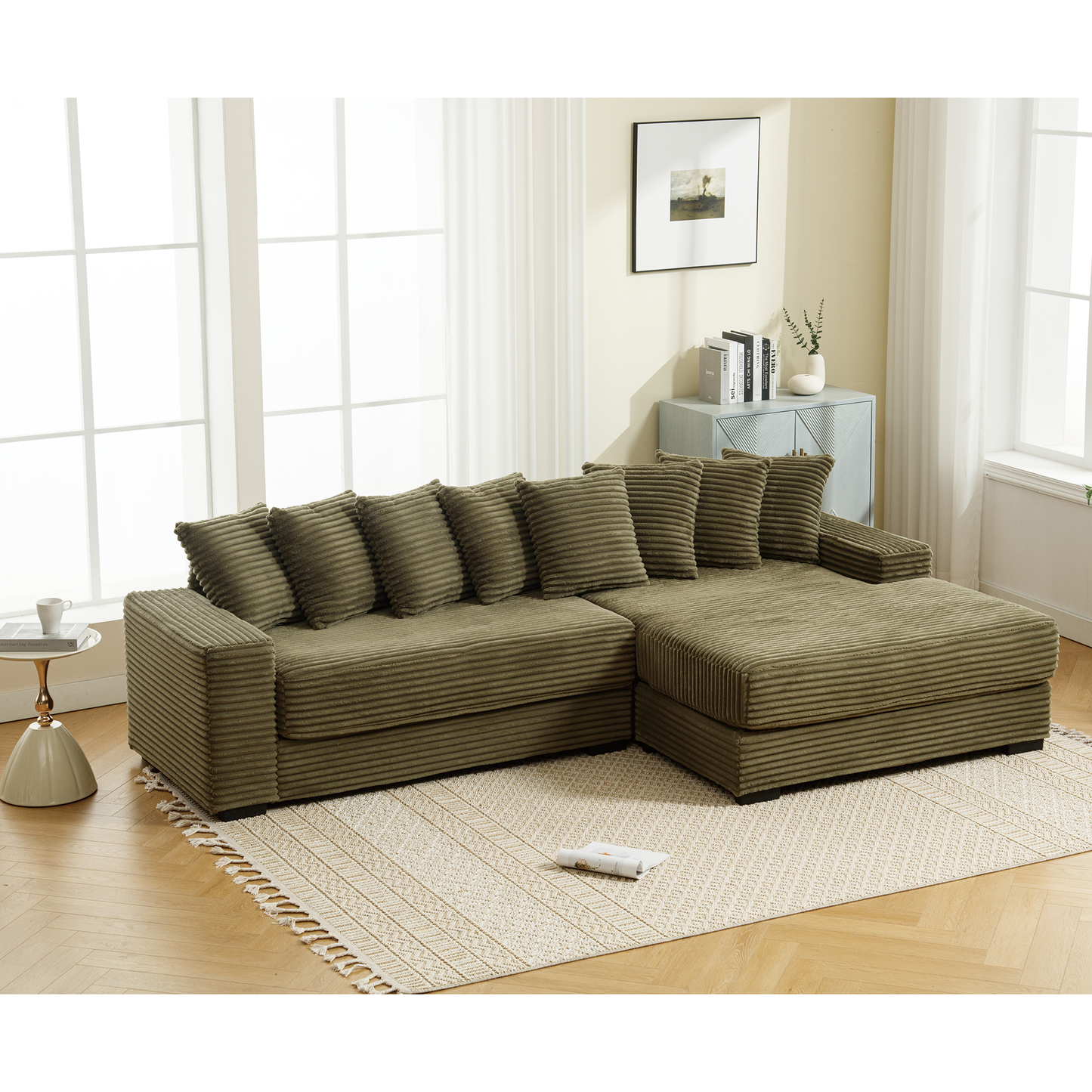 Oversized Two-Piece Couches, L Shaped Sofa, Corduroy, Right Chaise Daybed,with Armrests,Eight Throw Pillows,Corner Sofa,Easy To Assemble, Green