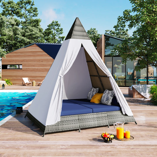 GO 90.5' Length Outdoor Sunbed With Colorful Pillows, Wicker Patio Daybed With Cushions, Tent Shape, Gray And Blue