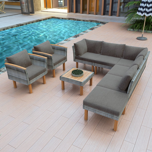 GO 9-Piece Patio Rattan Furniture Set, Outdoor Conversation Set With Acacia Wood Legs and Tabletop, PE Rattan Sectional Sofa Set with Coffee Table, Washable Cushion, Gray