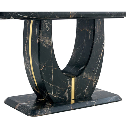 Table and chair set.Black Marble Pattern MDF Dining Table Set - 63"x37" with 6 Light Gray PU chairs with Featuring Arched Golden Metal legs.