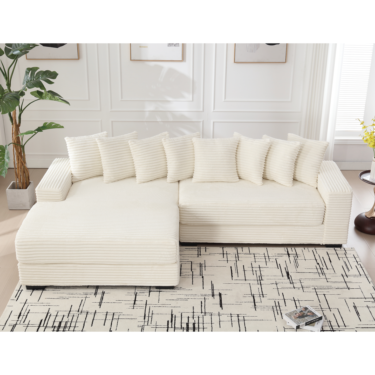 Oversized Two-Piece  Couches,  L Shaped Sofa, Corduroy, Left Chaise Daybed,with Armrests,Eight Throw Pillows,Corner Sofa,Easy To Assemble, Beige