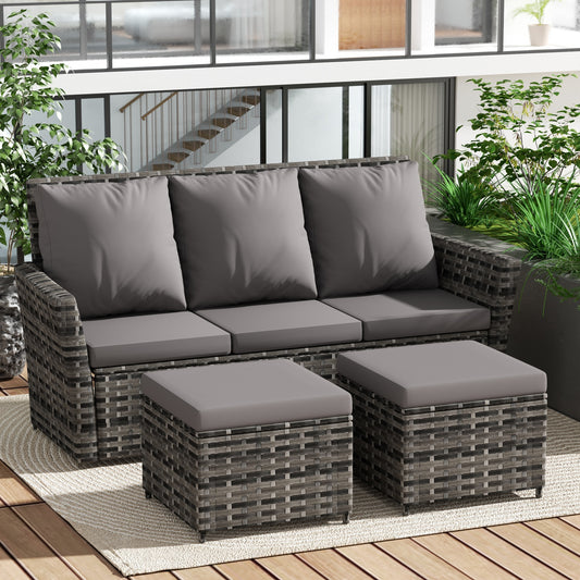 3 Piece Patio Furniture Set, Outdoor Wicker Sofa Rattan Patio Conversation Sets, All-Weather PE Wicker Furniture Sets with Two Ottoman for Porch, Backyard, Balcony