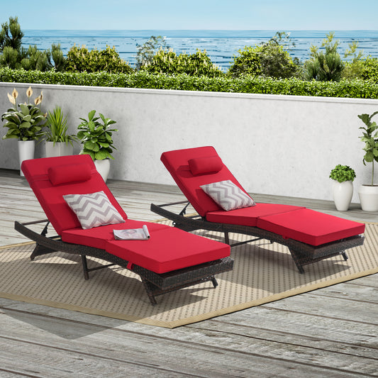 Outdoor Wicker Long Reclining Chair Set of 2 , Wicker Reclining Lounge Chair Lawn Sunbathing Chairs Recliner up to 150°  Beach Poolside Garden