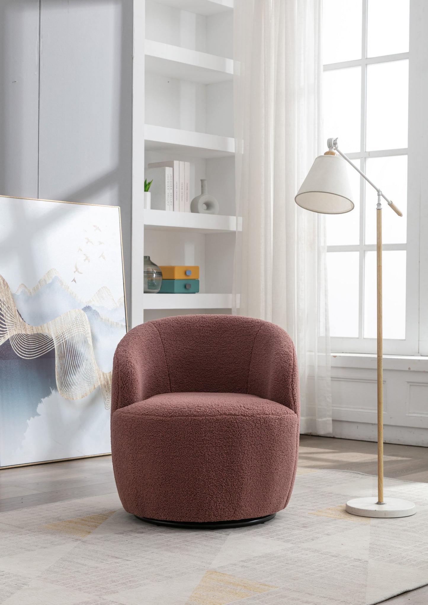 Teddy Fabric Swivel Accent Armchair Barrel Chair With Black Powder Coating Metal Ring,Dark Red