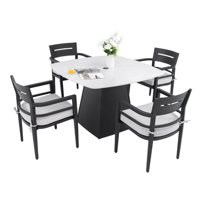 Modern 5PC Outdoor Patio Dining Set,Squircle 44'x44' Dining Table with Greek White Marble-Inspired Sintered StoneTop,Flared Pyramid Aluminum Base,Ember Black,4 dining chairs with Sunbrella Cushions