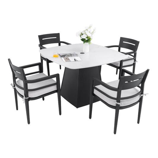 Modern 5PC Outdoor Patio Dining Set,Squircle 44'x44' Dining Table with Greek White Marble-Inspired Sintered StoneTop,Flared Pyramid Aluminum Base,Ember Black,4 dining chairs with Sunbrella Cushions