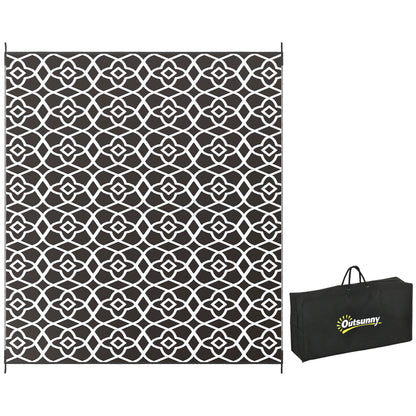 Outsunny Reversible Outdoor Rug, 8' x 10' Waterproof Plastic Straw Floor Mat, Portable RV Camping Carpet with Carry Bag, Large Floor Mat for Backyard, Deck, Picnic, Beach, Black & White Clover