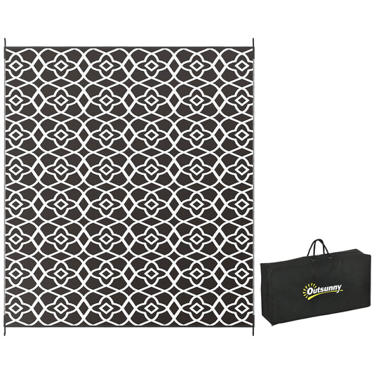 Outsunny Reversible Outdoor Rug, 8' x 10' Waterproof Plastic Straw Floor Mat, Portable RV Camping Carpet with Carry Bag, Large Floor Mat for Backyard, Deck, Picnic, Beach, Black & White Clover