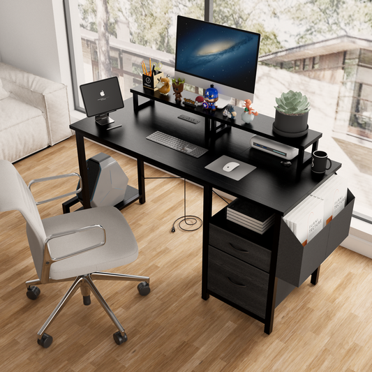 47.3' Computer Desk with power outlet,Monitor Stands,Shelves, Office Desk/Writing Table/Gaming desk With drawers,Large Side Pocket and Hooks,Easy to Assemble,Frame stability Reversible,Black
