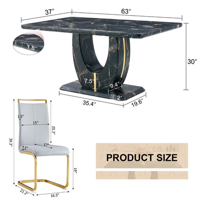 Table and chair set.Black Marble Pattern MDF Dining Table Set - 63"x37" with 6 Light Gray PU chairs with Featuring Arched Golden Metal legs.