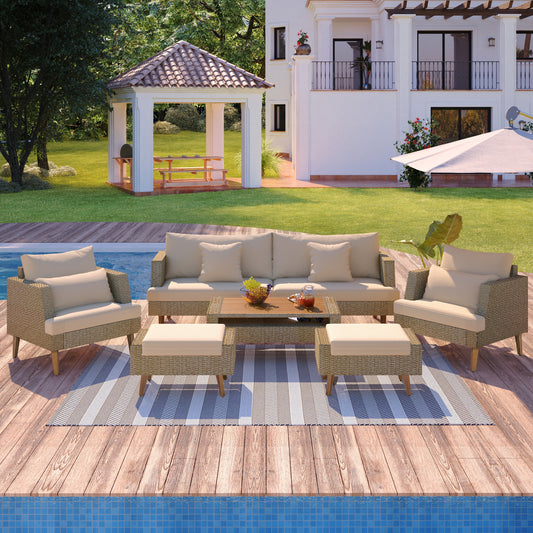GO 6-Pieces All Weather PE Wicker Sofa Set, Outdoor Rattan sofa With Double Cushions, Wood Legs Wood Table Top, Brown
