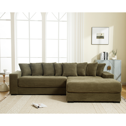 Oversized Two-Piece Couches, L Shaped Sofa, Corduroy, Right Chaise Daybed,with Armrests,Eight Throw Pillows,Corner Sofa,Easy To Assemble, Green