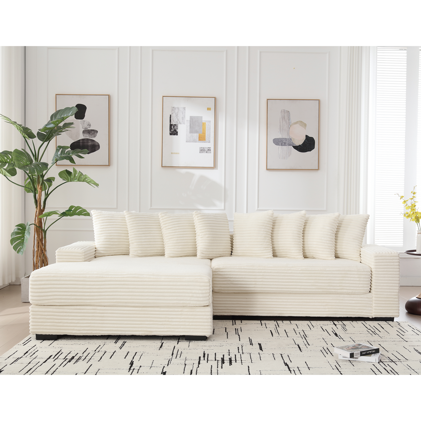 Oversized Two-Piece  Couches,  L Shaped Sofa, Corduroy, Left Chaise Daybed,with Armrests,Eight Throw Pillows,Corner Sofa,Easy To Assemble, Beige