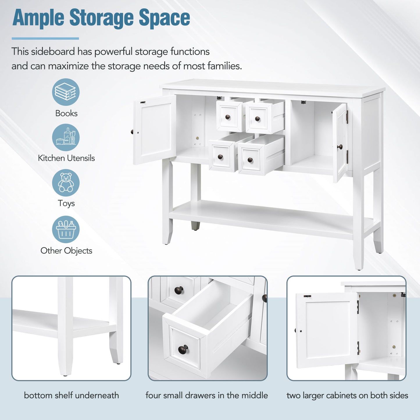 TREXM Cambridge Series  Ample Storage Vintage Console Table with Four Small Drawers and Bottom Shelf for Living Rooms, Entrances and Kitchens (White, OLD SKU: WF190263AAA)