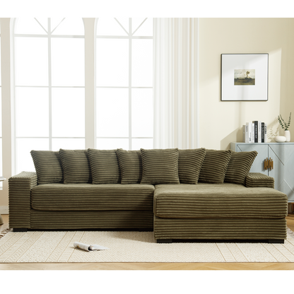 Oversized Two-Piece Couches, L Shaped Sofa, Corduroy, Right Chaise Daybed,with Armrests,Eight Throw Pillows,Corner Sofa,Easy To Assemble, Green