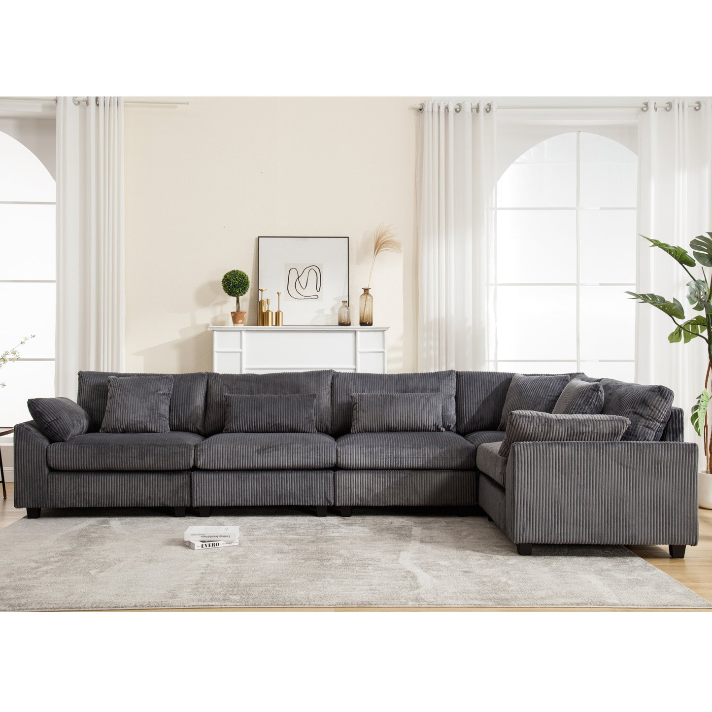 Oversized Modular Sectional Sofa Couches Set,Corduroy Upholstered Deep Seat Comfy Sofa for Living Room 5 Seat,Dark Gray