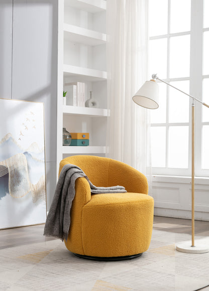 Sillón giratorio de tela Teddy con acento tipo barril y aro metálico con recubrimiento en polvo negro, amarillo