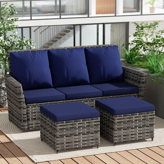 3 Piece Patio Furniture Set, Outdoor Wicker Sofa Rattan Patio Conversation Sets, All-Weather PE Wicker Furniture Sets with Two Ottoman for Porch, Backyard, Balcony