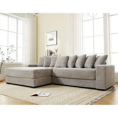 Oversized Two-Piece  Couches,  L Shaped Sofa, Corduroy, Left Chaise Daybed,with Armrests,Eight Throw Pillows,Corner Sofa,Easy To Assemble,  Gray