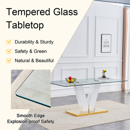Table and chair set.Subtle Luxury Clear Tempered Glass Dining Set - 71"x35.4" with 6 Light Gray PU Chairs.C-tube Gold Metal Chair Legs.Bring a comfortable home experience to the kitchen, bedroom.