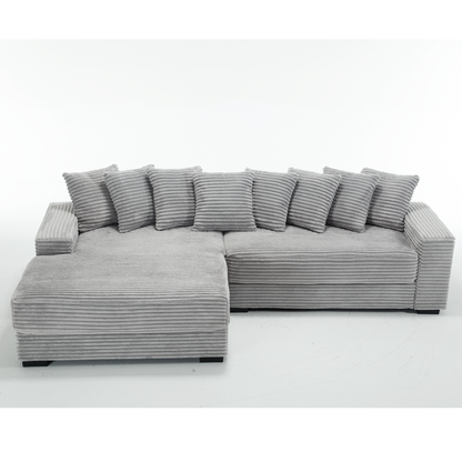 Oversized Two-Piece  Couches,  L Shaped Sofa, Corduroy, Left Chaise Daybed,with Armrests,Eight Throw Pillows,Corner Sofa,Easy To Assemble,  Gray