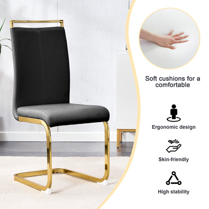 Table and chair set,Modern rectangular table with 0.4 inch black patterned tabletop and gold legs, suitable for kitchen, dining room, and living room , Comfortable PU seats,perfect for dinner, meet