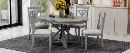 TREXM 5-Piece Retro Functional Dining Table Set Extendable Round Table and 4 Upholstered Chairs for Dining Room and Living Room (Grey)