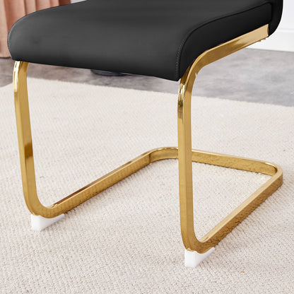 Table and chair set.Elegant Transparent Tempered Glass Dining Set - 71"x35.4" with 6 Black PU Chairs with golden C-tube metal leg.