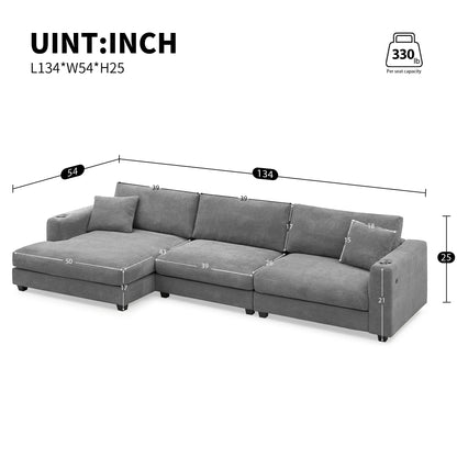 Sofá seccional extragrande de pana de 134 x 54 pulgadas, sofá nube en forma de L con puerto de carga USB, portavasos, sofá cama profundo con chaise longue de 50 pulgadas, cómodo mueble de interior para sala de estar, 3 colores