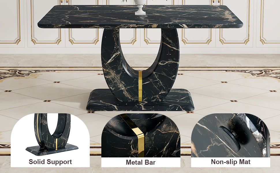 Table and chair set.Black Marble Pattern MDF Dining Table Set - 63"x37" with 6 Light Gray PU chairs with Featuring Arched Golden Metal legs.