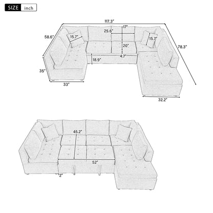 Sofá seccional extragrande de 117.3" en forma de U, sofá cama extraíble con dos cojines para sala de estar, color beige