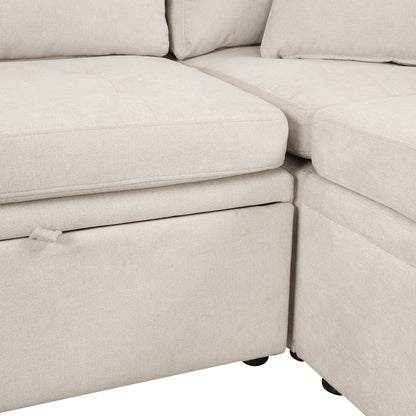 Sofá seccional extragrande de 117.3" en forma de U, sofá cama extraíble con dos cojines para sala de estar, color beige