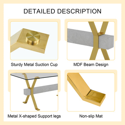Table and chair set.Elegant Transparent Tempered Glass Dining Set - 71"x35.4" with 6 Black PU Chairs with golden C-tube metal leg.