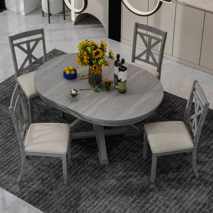 TREXM 5-Piece Retro Functional Dining Table Set Extendable Round Table and 4 Upholstered Chairs for Dining Room and Living Room (Grey)
